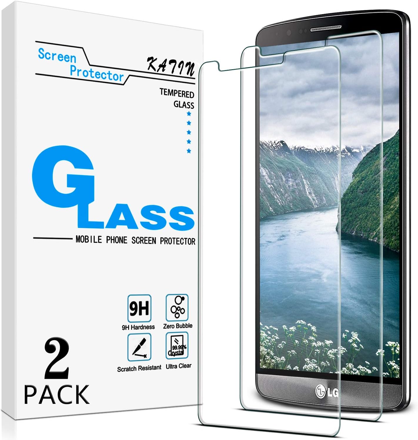 [2-Pack] KATIN For LG G3 Tempered Glass Screen Protector No-Bubble, 9H Hardness, Easy to Install