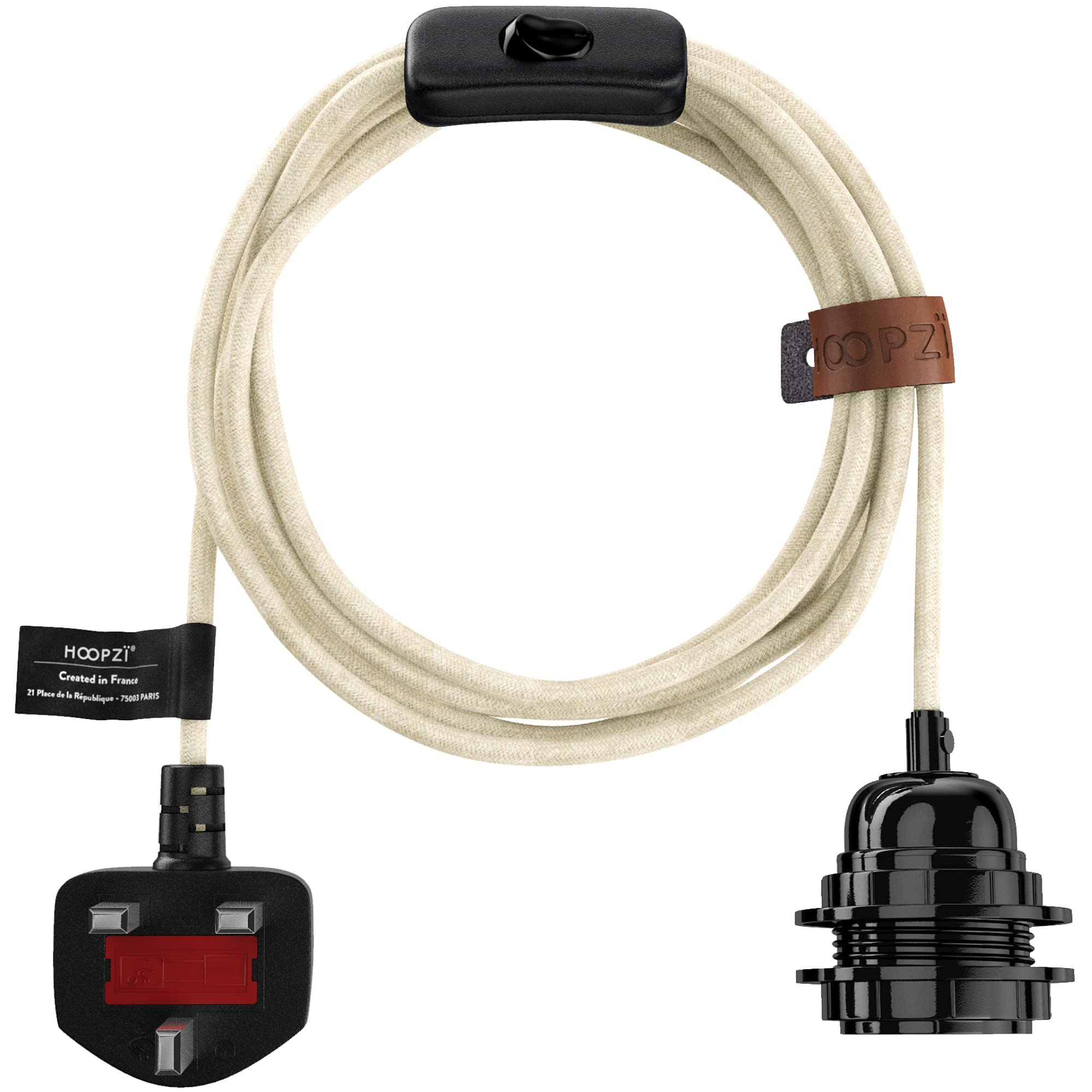 Hoopzi - Plug in Pendant Light to Light Up Your Home - 4.5M Fabric Electrical Cable - E27 Bulb Holder with Switch - Create Your Own Pendant Light, Portable Lamp, Hanging Lamp - BalaCotton White