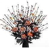 DIYFLORU 12 PCs Gothic Halloween Flowers Artificial Orange Black Stems Spooky Halloween Floral Picks with Candies Corn Smiling Pumpkins for Vase Floral Arrangements Table Centerpieces Decorations