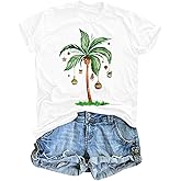 Christmas in July Shirt Women Christmas Palm Tree T Shirt Christmas Hawaiian Vacation T-Shirt Summer Casual Tee Tops
