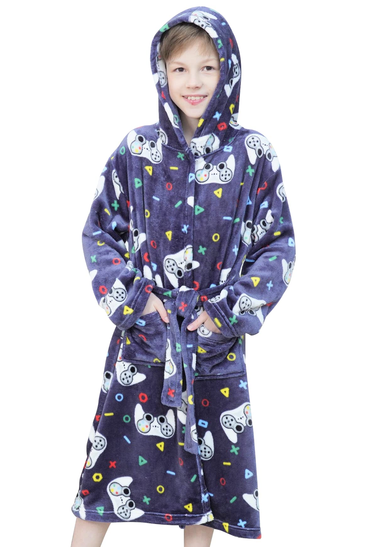 Photo 1 of Doctor Unicorn Boys Soft Hooded Bathrobe Kids Warm Gamer Fleece Robe Sleepwear (Navy Gamer - 10-11 Years)