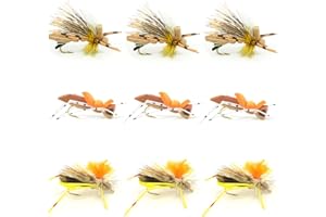 THE FLY FISHING PLACE Grasshopper Trout Fly Fishing Flies Assortment Dropper Hopper Foam Body - 9 Flies 3 Patterns Hook Size 10 - Trout Fly Collection