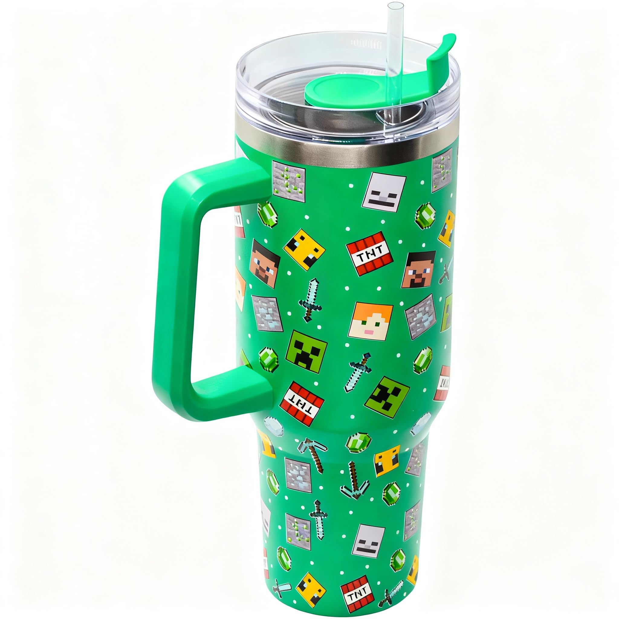 Minecraft 1.2L Insulated Tumbler Mug - Cold 17Hrs - Hot 5Hrs - Straw & Lid | Leak Proof Travel-Mug | Stainless Steel Vacuum Insulated Water Bottle with Handle, Green
