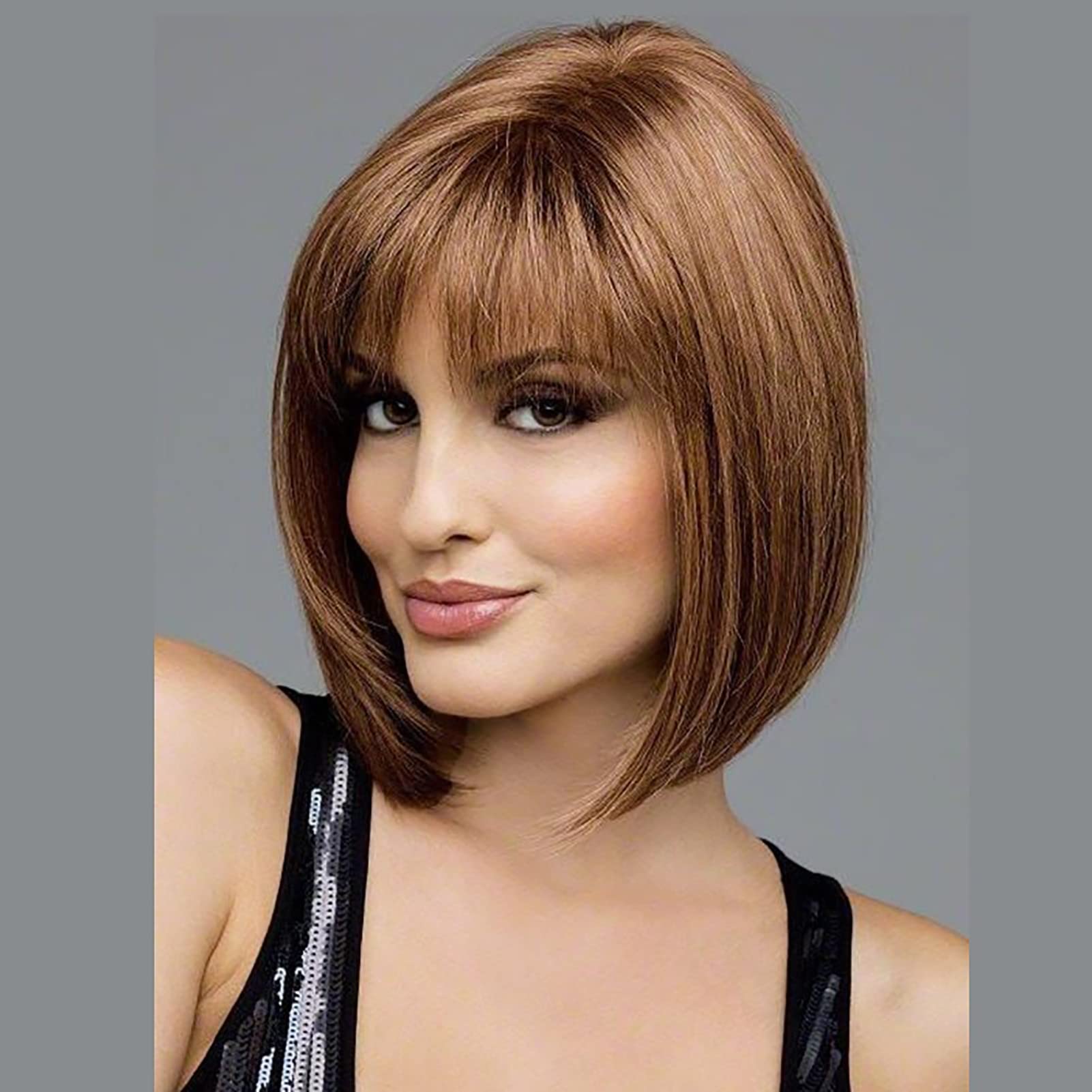 Short Bob Hair Wigs, Fashion Short Wig Bangs Light Brown Adjustable with Mesh Cap Soft Fluffy Synthetic Women Cosplay Wig