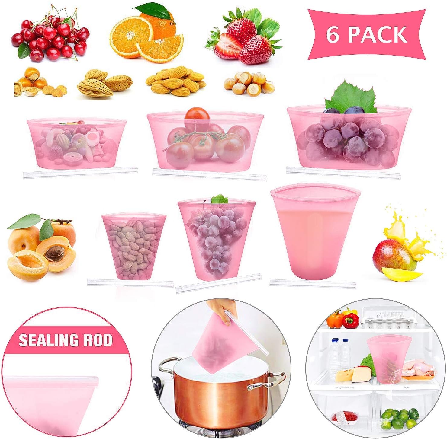 Roysmart Reusable Silicone Food Storage Bags, Zip Lock Top Leakproof Containers BPA Free Dishes Storage Bags Microwave Dishwasher Freezer Safe Storage for Fruit Snack Vegetables-6Pack (Pink)