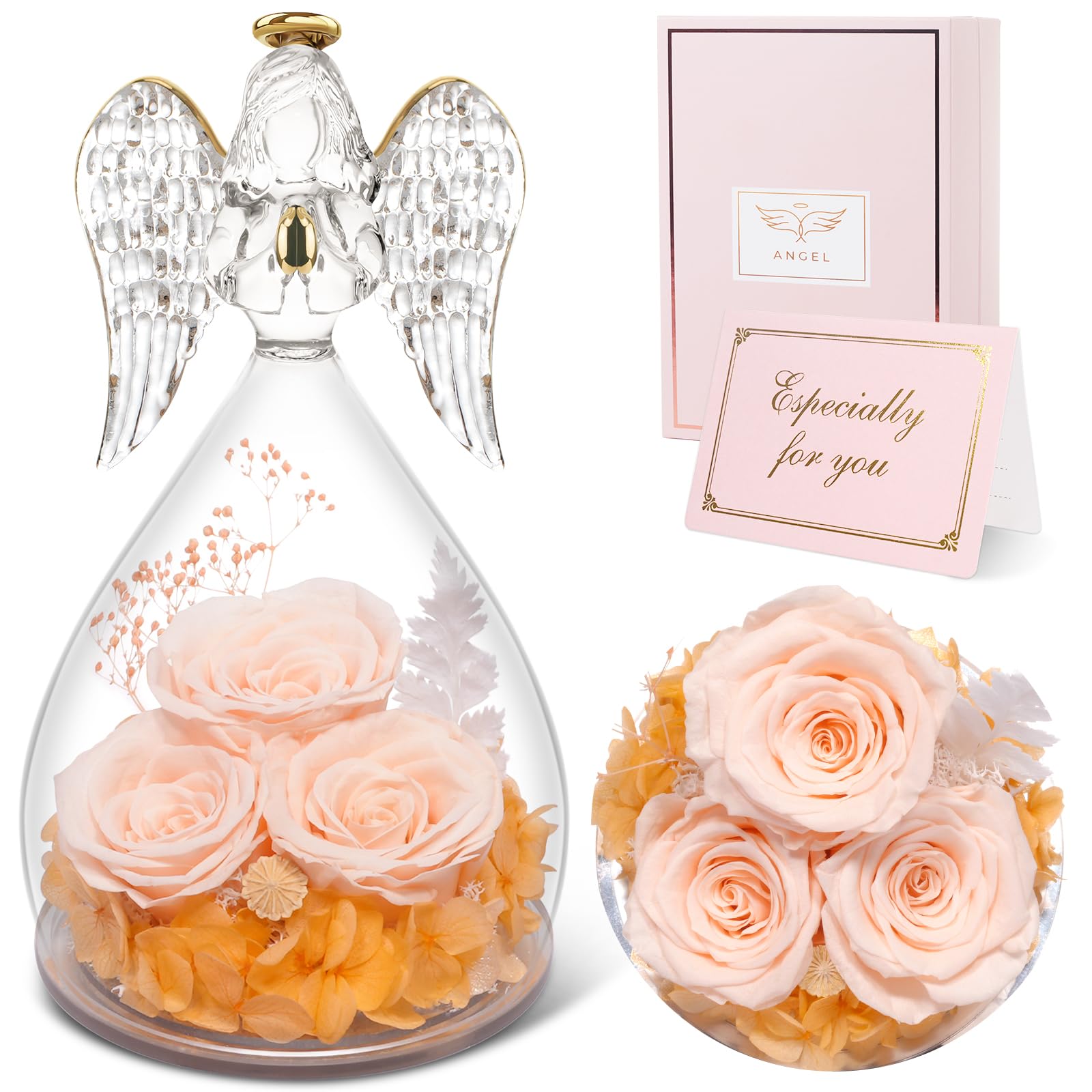 Photo 1 of ***HALO BROKE OFF***  Sunia Preserved Flowers Rose Gifts for Mom, Birthday Gifts for Grandma Women, Glass Angel Figurines with Three Forever Real Roses, Fresh Flowers Gifts for Christmas Mother's Day ?Valentine