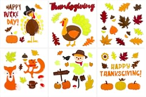 HOHUCRAB Fall Thanksgiving Window Gel Clings, Happy Thanksgiving Pumpkin Turkey Maple Leaf Scarecrow, School Home Supplies