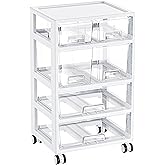 Vtopmart Plastic Drawer Storage Orangizer, 4 Tier 6 Drawers with Wheels for Office Supplies, Art Crafts, Under Desk Storage for Office, Bathroom, Dresser, 1 Pack/Clear