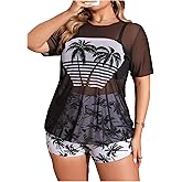 BEAUDRM Women's Plus Size 3 Piece Swimsuits Tropical Tankini Shorts Set High Waisted Bathing Suit with Sheer T-Shirt Cover Up