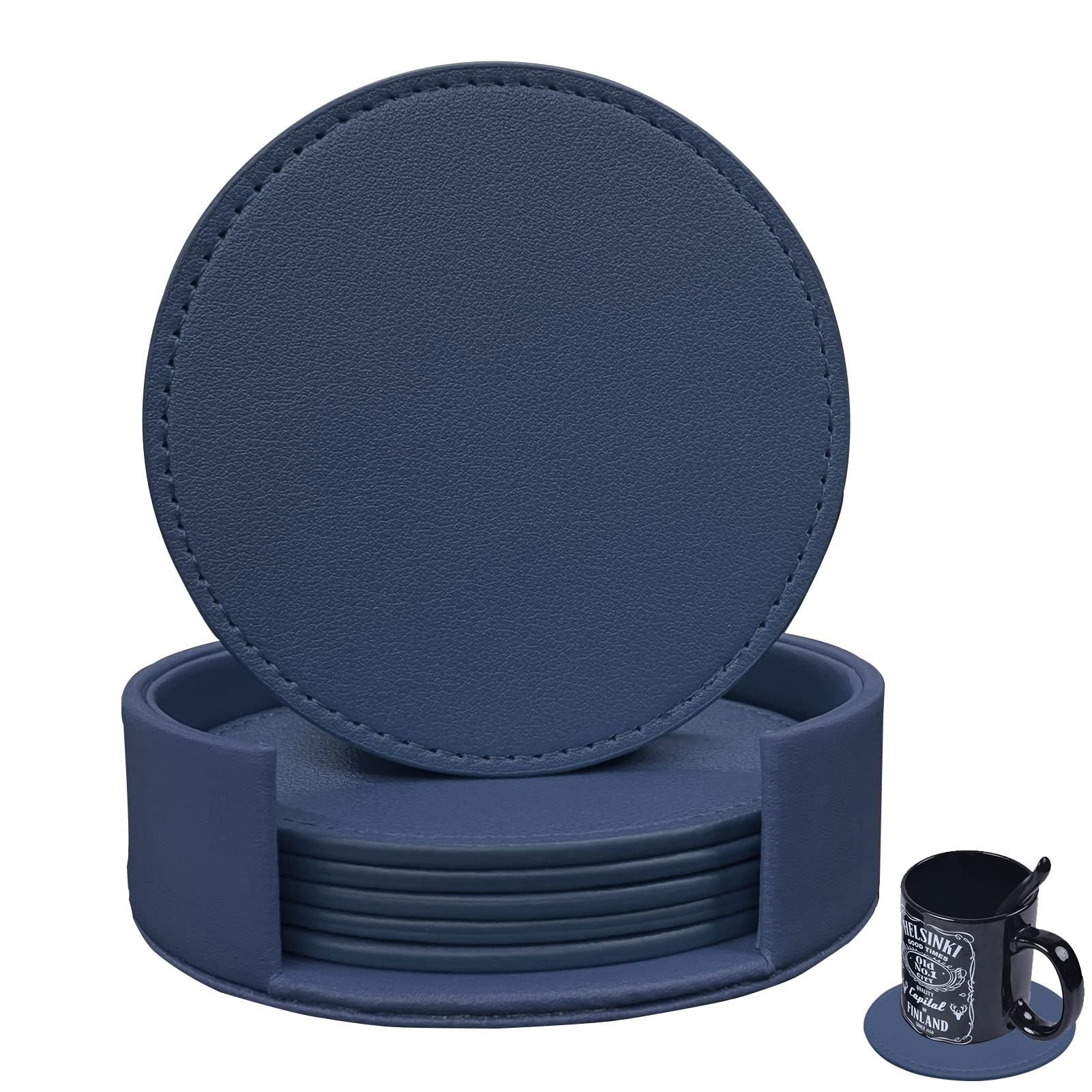 RICHSUM Coasters Set of 6 Soft Leather Drink Coaster Round Coaster with Sewing Around, Suitable for Various Cups, Wooden Tables,Home Decoration,4 Inches(Dark Blue)