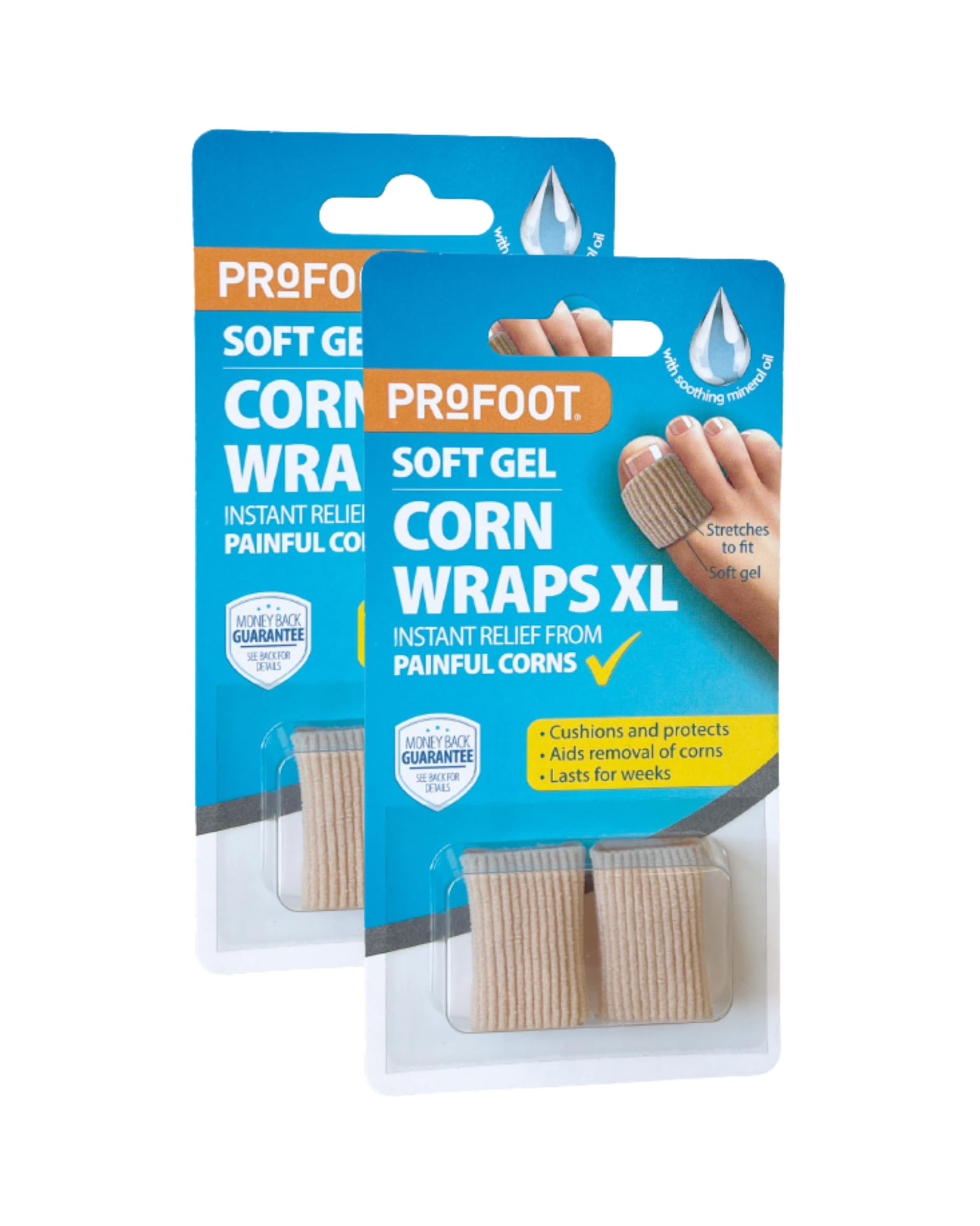 Profoot Soft Gel Corn Wraps XL - Instant Relief from Painful Corns - Contains Soft Gel, Reduces Pressure and Friction - Contains 3 Washable & Reusable Toe Wraps - for Bigger Toes (2 Pack)
