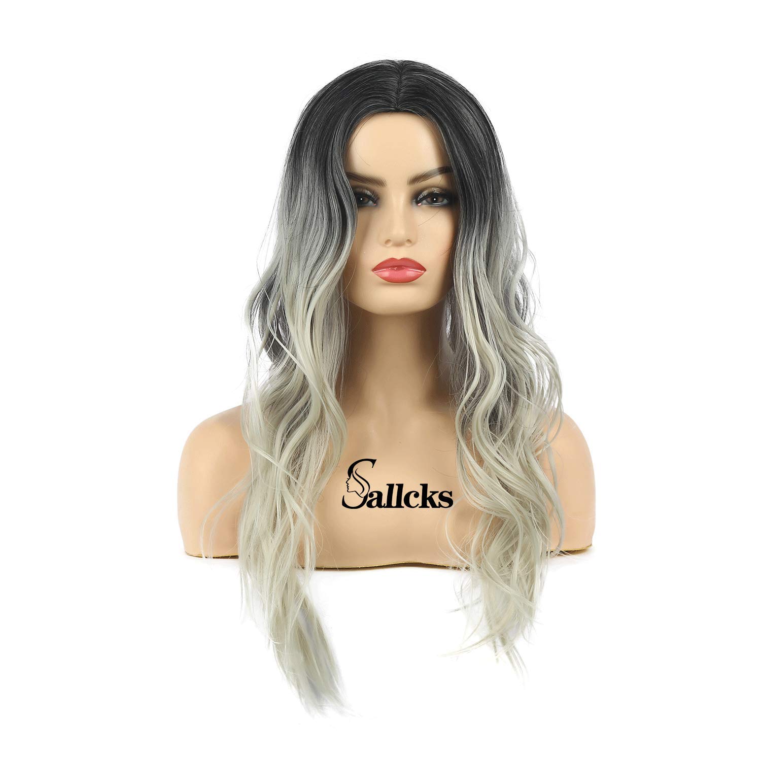 Sallcks Womens Long Curly Wavy Ombre Gray Wigs Dyeing Color Synthetic Replacement Wigs Heat Resistant Party Daily Wig with Wig Cap