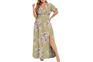 YARDSONG Plus Size Summer Dresses for Women Short Sleeve V Neck Split Empire Waist Floral Print Wedding Guest Maxi Dress