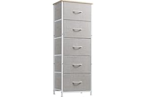 Somdot Tall Dresser for Bedroom with 5 Drawers, Storage Chest of Drawers with Removable Fabric Bins for Closet Bedside Nursery Laundry Living Room Entryway Hallway, Grey/Natural Maple
