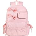 3-Piece Kawaii Backpack Set With Bows - Pink Nylon, Large Capacity, Includes Pouch & Keychain