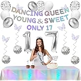 34pcs Dancing Queen Party Decorations 17,Dancing Queen Banner,Silver 17th Birthday Tiara and Sash,Balloons,Disco Hanging Swirls,Butterfly,Candles and Cake Topper,Tablecloth for 17 Birthday