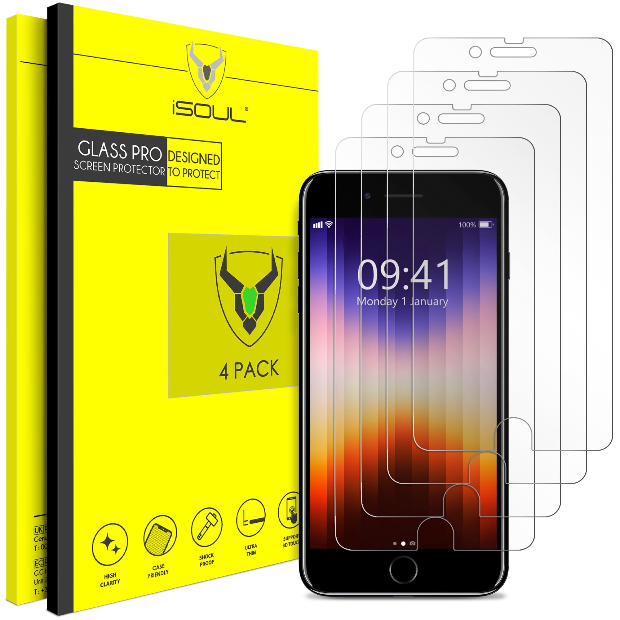 iSOUL 4-Pack Screen Protector for iPhone SE 3/2 (2022/2020 Edition), Tempered Glass iPhone 8/7, 6s/6, 4.7-Inch Tempered Glass Film [Ultra HD] [3D Touch] [Case Friendly] [Lifetime Replacement Support]