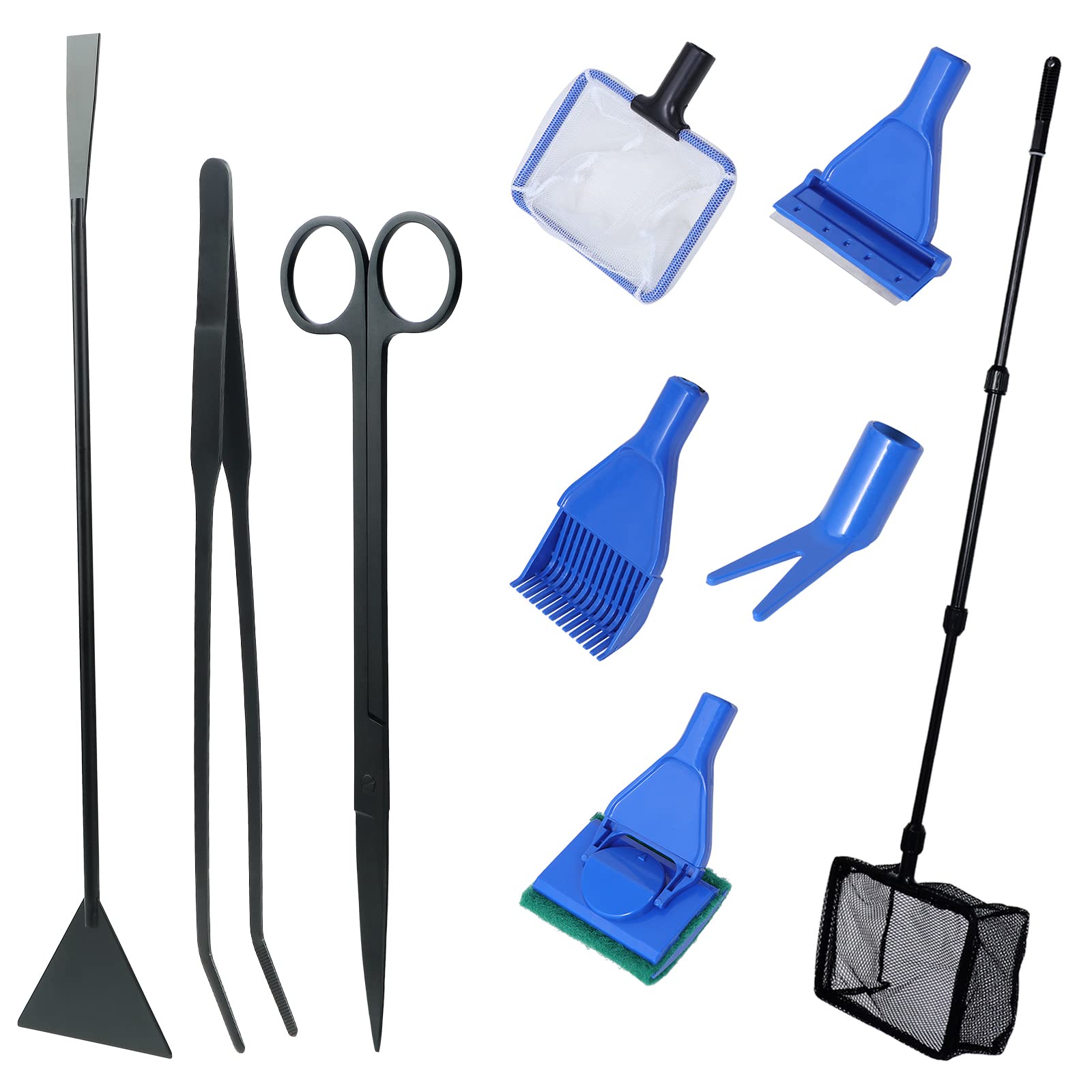 Coolty 9 in 1 Aquarium Cleaning Tool Kit, Fish Net Gravel Rake Plant Fork Scraper Sponge & Stainless Steel Aquarium Tools Kit, Fish Tank Cleaner Aquascape Set