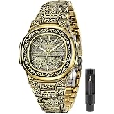 Tiong Mens Watches with Tattoo Pattern Carved Stainless Steel Waterproof Date Analog Quartz Watch Business Wrist Watches for Men
