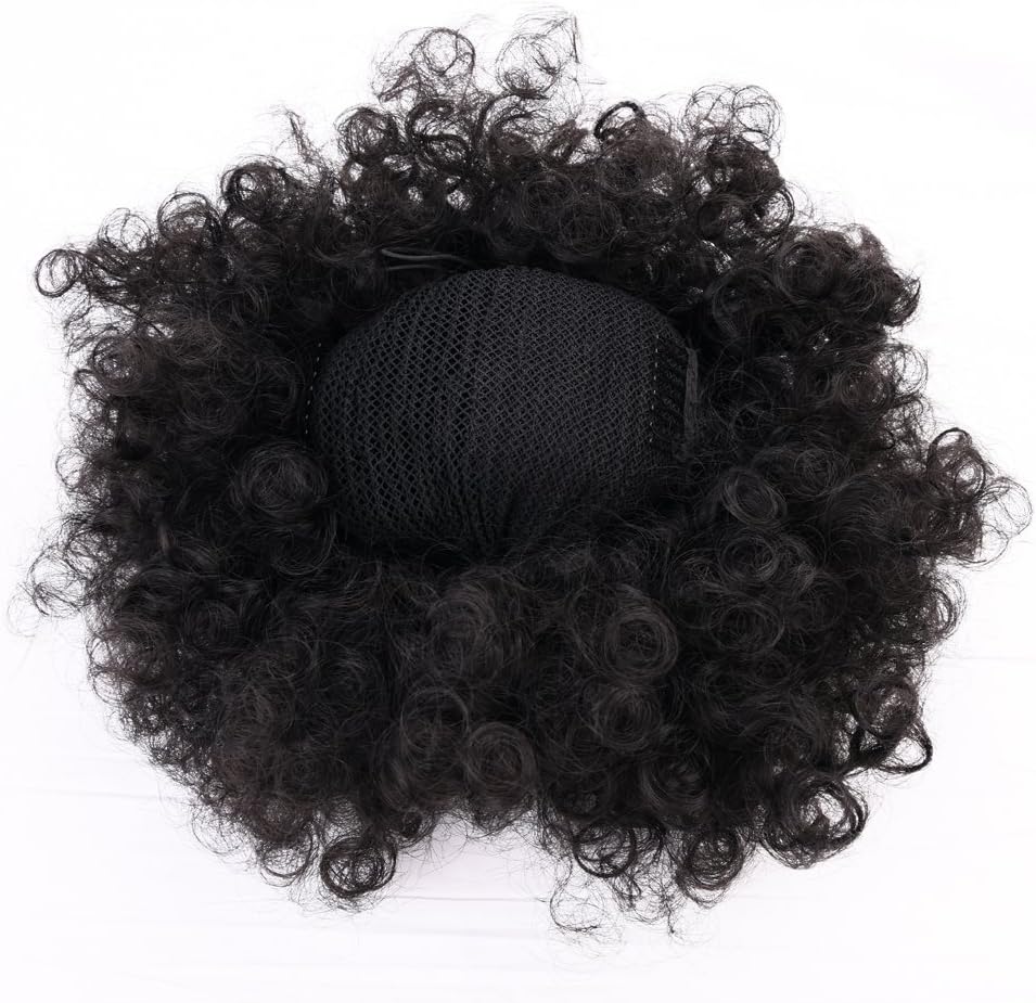 Kinky Curly Drawstring Short Ponytail Kanekalon Synthetic Hair Bun Up Chignon Natural Black Color Scrunchie Wig With Clips (1 Large Piece)