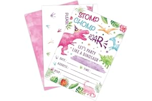 WERNNSAI 20 Sets Dinosaur Party Invitation with Envelopes - Pink Dinosaur Invitation Cards for Girls Kids Birthday Party Supplies Watercolor T-Rex Invites Cards Double Sided for Baby Shower Decoration