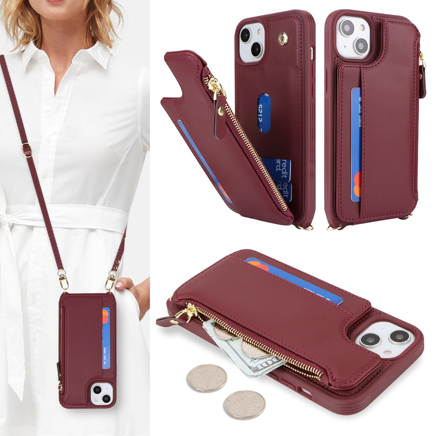 SailorTech for iPhone 13 Phone Case with Credit Card Holder for Women, iPhone 13 Leather Case Wallet Crossbody with Credit Card Slots Zipper Shockproof Case for Men - Burgundy