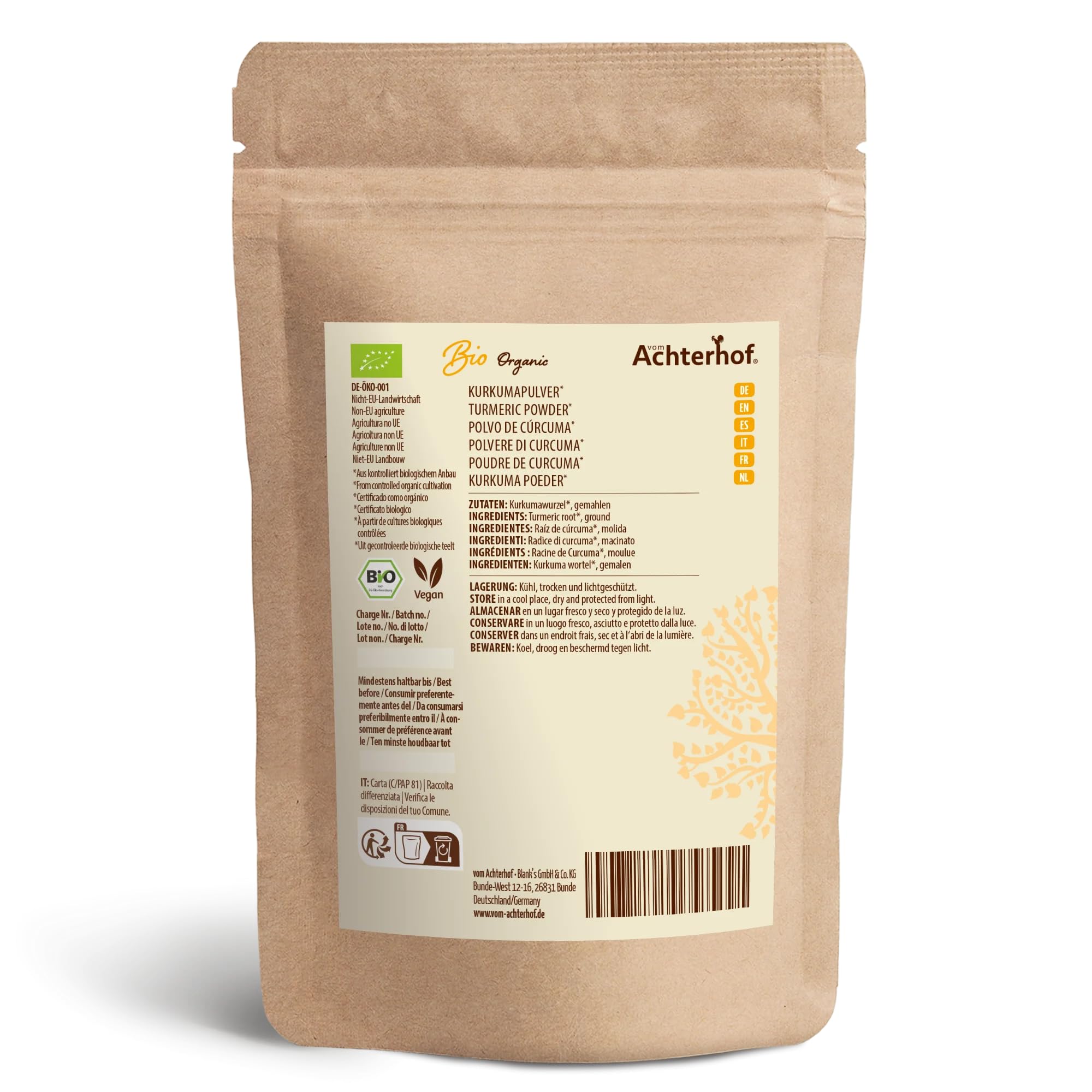 Kurkuma Pulver 1000g | fein gemahlene Kurkumawurzel in Bio-Qualität | Ideal zur Zubereitung einer Goldenen Milch, als Zugabe in Tee, asiatischen Gerichten, würzigen Suppen & Co | vom Achterhof 9