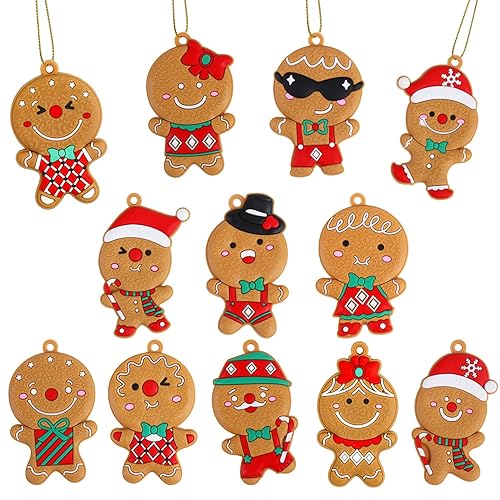 VEYLIN Christmas Gingerbread Ornaments,12 Pack Assorted Ginger Man Clay Figurine with Strings for Xmas Tree Decorations