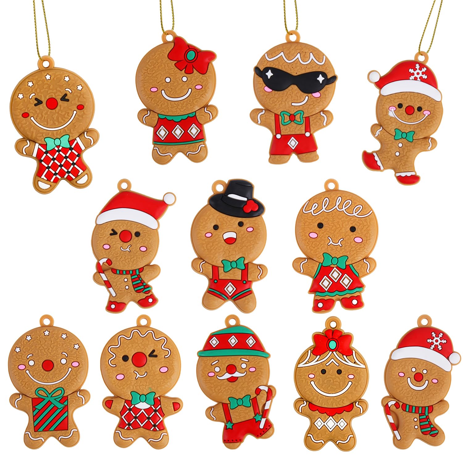 VEYLIN Christmas Gingerbread Ornaments,12 Pack Assorted Ginger Man Clay Figurine with Strings for Xmas Tree Decorations