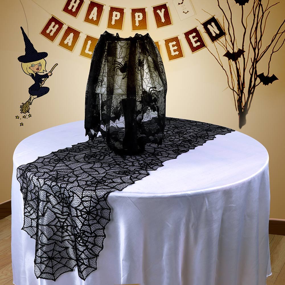 Trentixel 4 Pcs Halloween Decorations Set, Halloween Tablecloth Spooky Bat Spiderweb Lace Rectangular Tablecloth, Round Lace Table Cover, Halloween Lamp Shades and Fireplace Scarf Cover