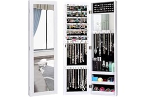 Giantex Wall Mounted Jewelry Cabinet with Full Length Mirror, Over The Door Jewelry Armoire Organizer with Large Storage, Makeup Mirror & Velvet Lining (White)