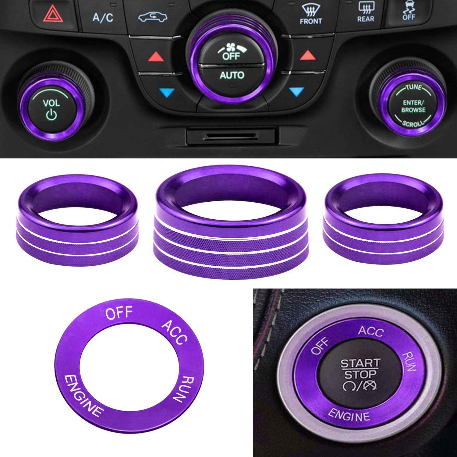 YOSRTER 3-Piece Aluminum Control Knob Covers For Dodge Challenger, Charger, Chrysler 300 & RAM - Black