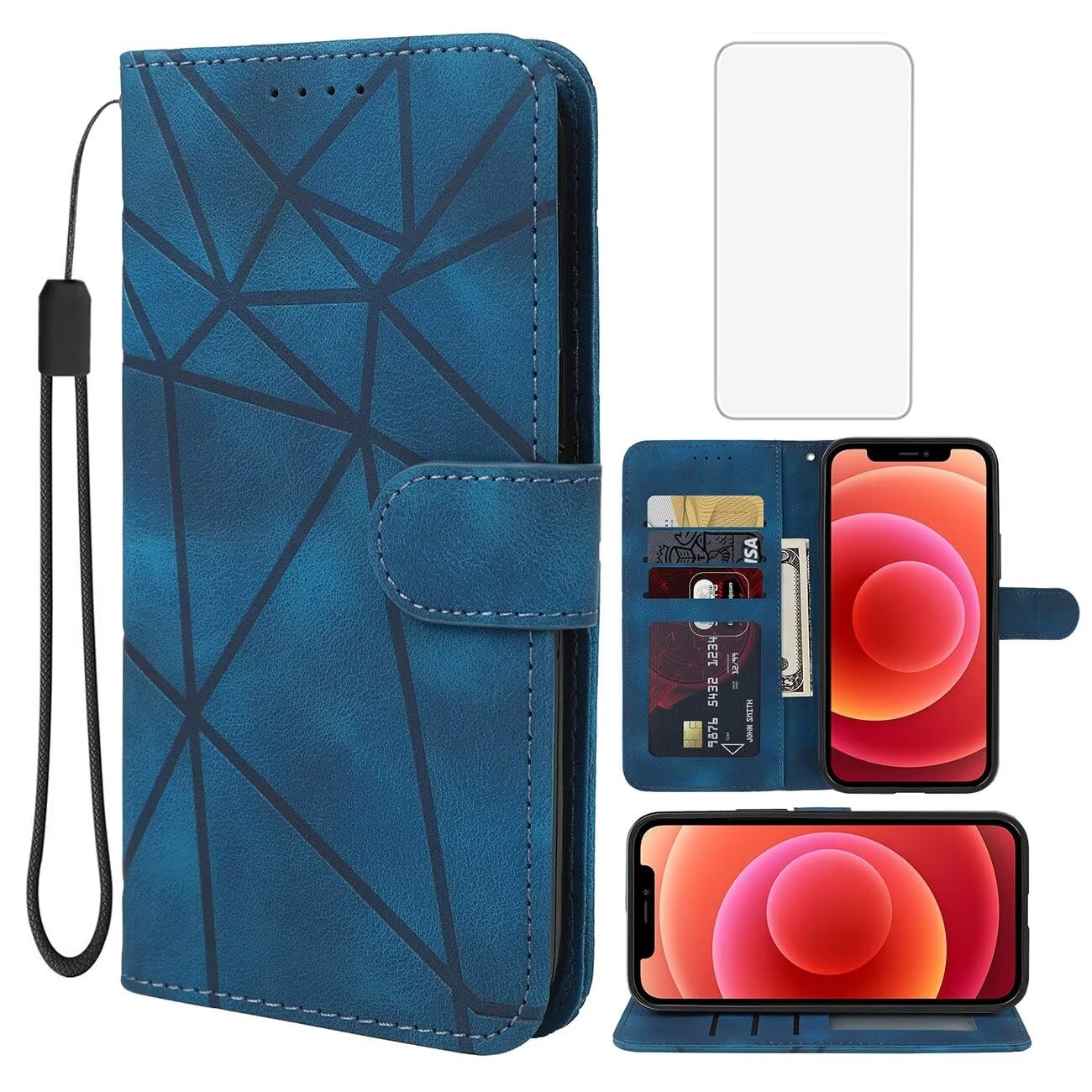 Wanyuexes Case for iPhone 12 Mini Wallet Case with Tempered Glass Screen Protector, Skin Feel PU Leather Flip Folio Credit Card Holder Stand Phone Cover for Apple iPhone 12 Mini Blue