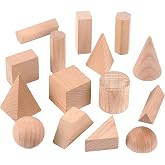 Syhood 15 Pcs 3D Shapes Geometric Solids Wooden Shapes Large Size Burlywood | Color Geometric Blocks Set Montessori Learning Pattern Blocks Solid for Preschool Classroom Elementary Home School Supplies