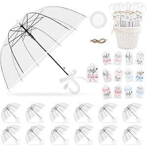 12 Pcs Wedding Clear Umbrella Bulk for Rain with Thank You Tags and bow | Lightweight Windproof Auto Open, Transparent POE Do
