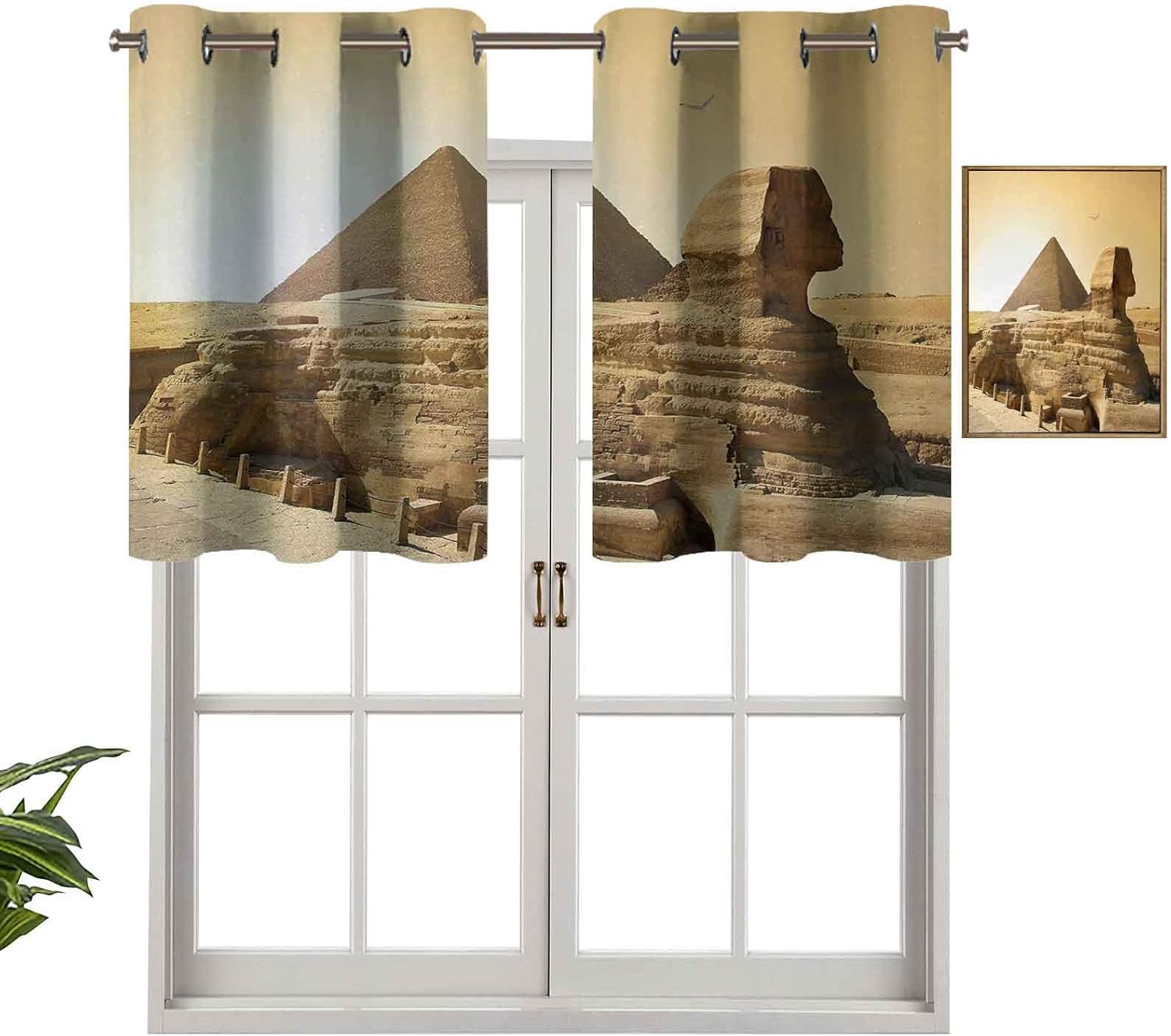 Cortinas opacas con cenefas antirayos UV, diseño de pirámides egipcias