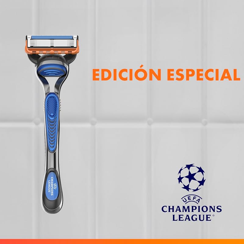 Navalha masculina Fusion 5 UEFA Champions League, Edição Especial Masculina, 1 Cabo + 5 Recargas, com Faixa Lubrificante para Um Barbear Apertado