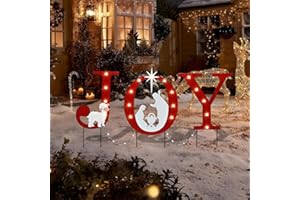 AFIRST Christmas Yard Stakes Light Up Christmas Yard Decorations LED Joy with Nativity Scene Lighted Metal Stakes Outdoor Stake Lawn Pathway Outdoor Decoration