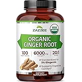 Zazzee USDA Organic Ginger Root 20:1 Extract, 5% Gingerols, 100 Capsules | Vegan, 3+ Month Supply, Digestive &amp; Stomach Support, Zingiber Officinale, All-Natural, Non-GMO, Made in the USA