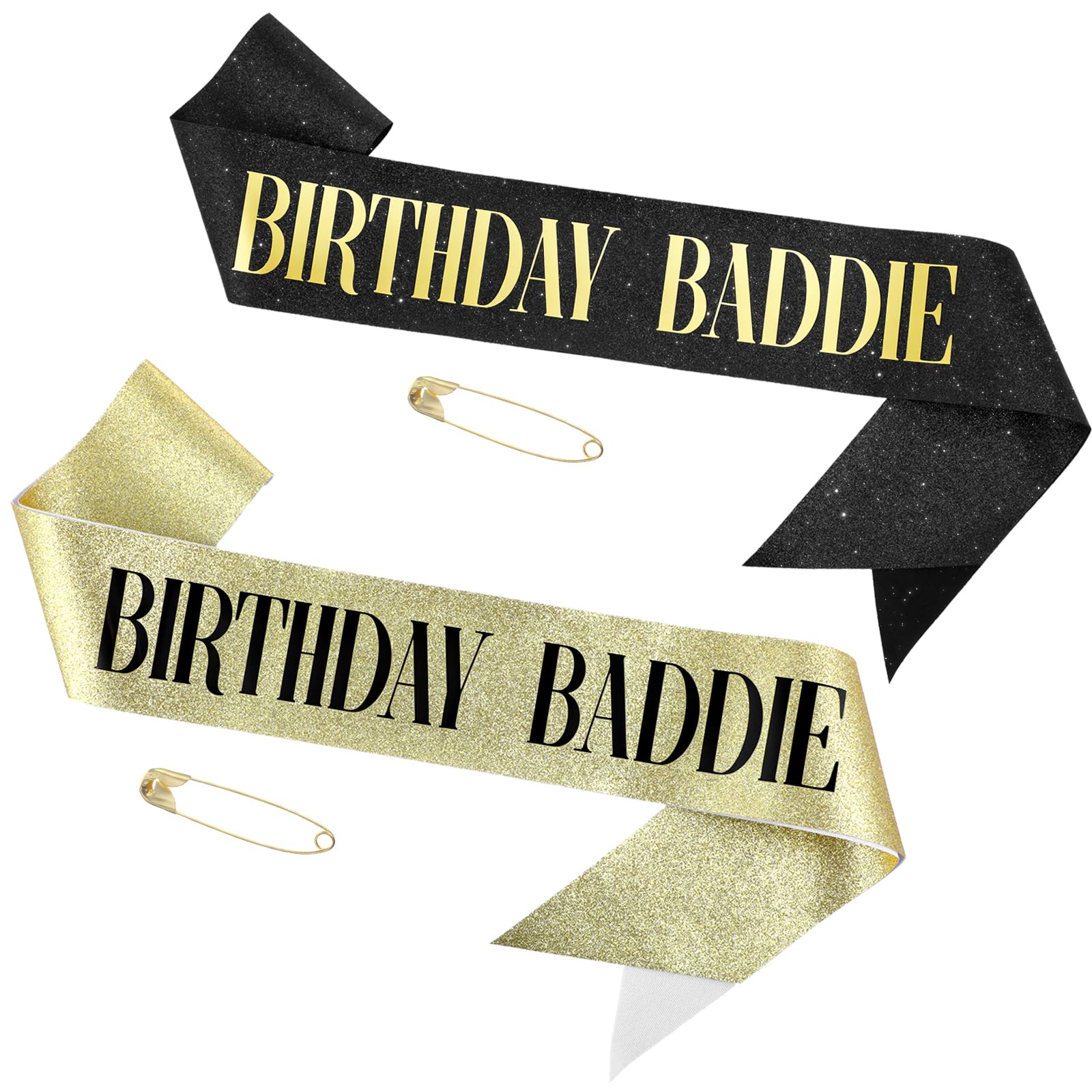 WJIAAA 2Pcs Birthday Baddie Sash, Glitter with Gold Foil Sash, Black Soft Glitter Birthday Sashes Funny Sparkly Satin Party Accessories for Women Men