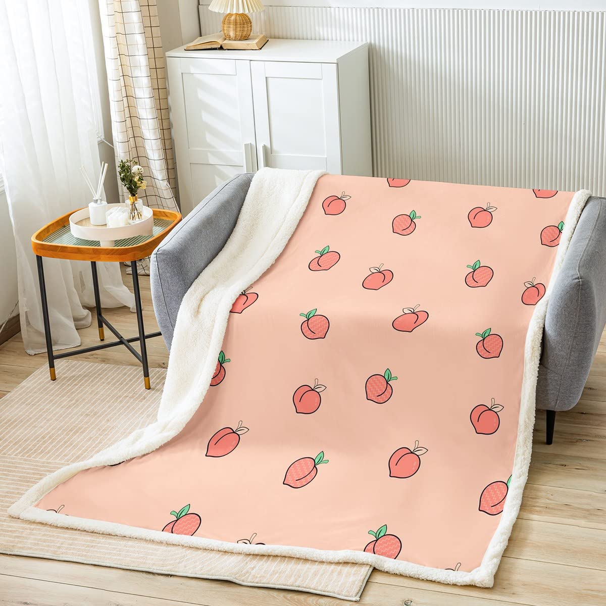 Loussiesd Peach Sherpa Blanket Kids Cartoon Kawaii Peaches Throw Blanket Girls Pink Fruit Fleece Throw Blanket Soft Cute Bedroom Double 60x79 Inch