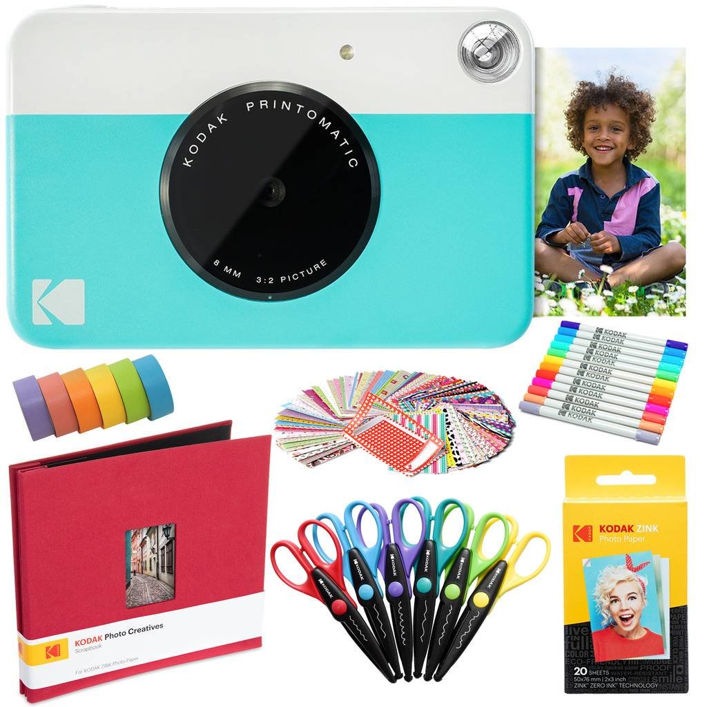 KODAK Printomatic Instant Camera (Blue) Art Kit Zink Paper (20 Sheets) + Scrapbook + Markers + Stickers + Scissors + Washi Tape