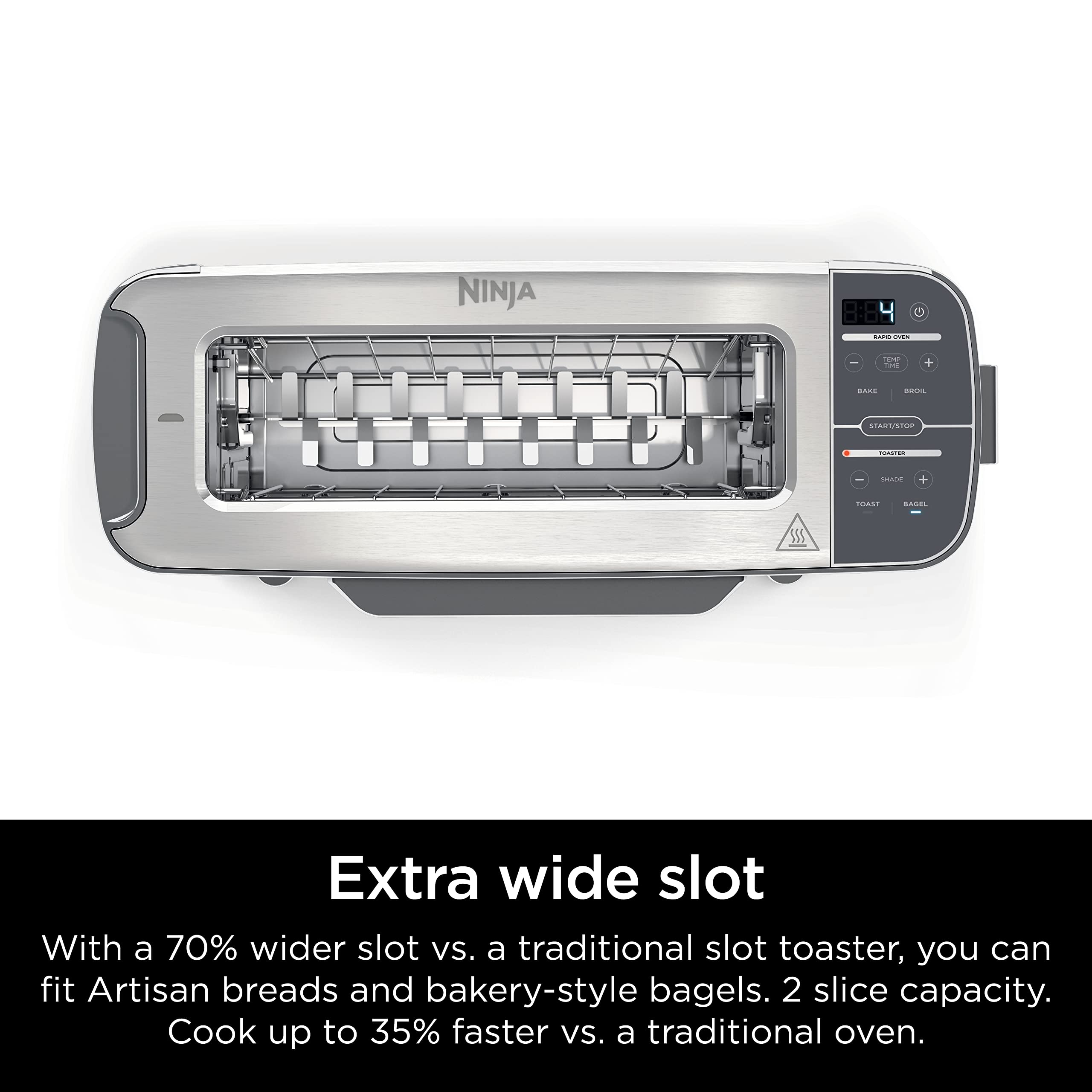 Ninja ST100 Foodi 2-in-1 Flip Toaster, 2-Slice Capacity, Compact Toaster Oven, Snack Maker, 1500 Watts, Stainless Steel