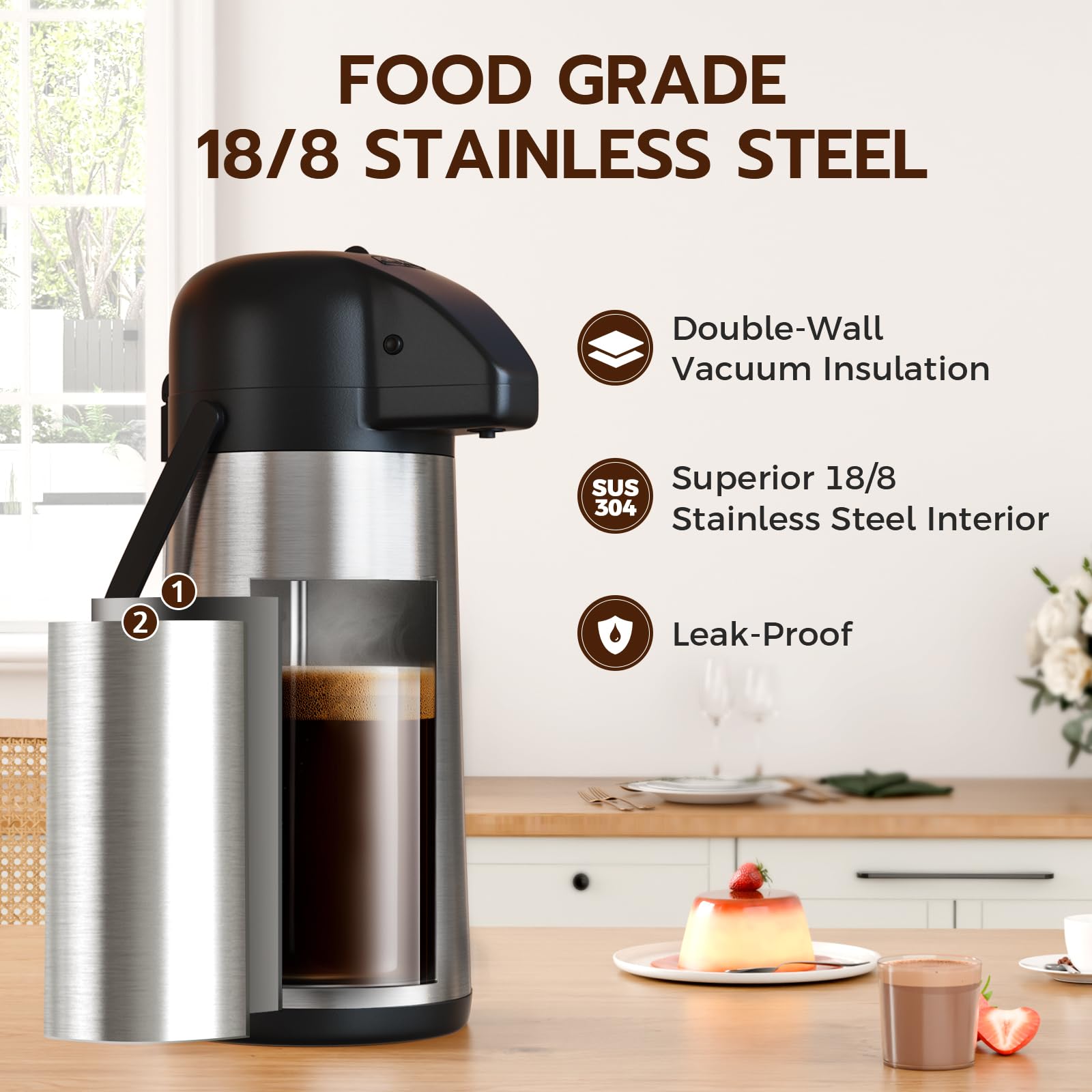 Coffee Carafe for Keeping Hot - Gezoss 102OZ / 3L Airpot Coffee Dispenser with Pump - Large Coffee Thermos for Hot Drinks Tea Liquid - Insulated Stainless Steel Hot Water Beverage Urn for Parties