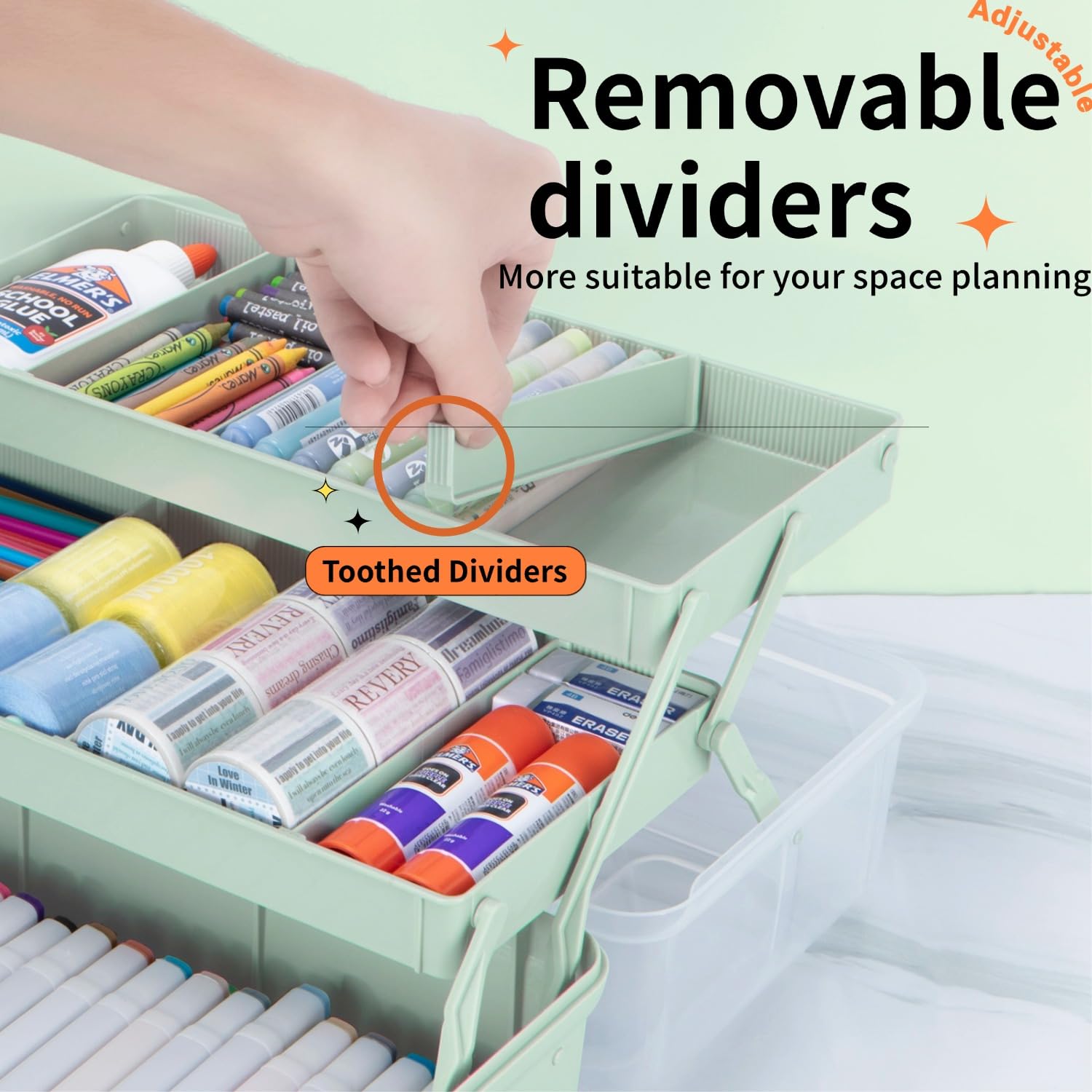 TERGOO 12.5in 3-Layer Multipurpose Craft Organizers and Storage with Adjustable Dividers, Portable Tackle Box, Folding Art & Craft Case for Medicine, Tool, Sewing Organizer (Haze Green)