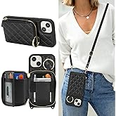 Hamany Crossbody Wallet Case for iPhone 14, PU Leather Zipper Handbag Purse Flip Cover, Kickstand Folio Case with Card Slots Holder Wrist Strap Lanyard 5G 6.1 Inch-Black