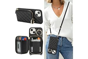 Hamany Crossbody Wallet Case for iPhone 14, PU Leather Zipper Handbag Purse Flip Cover, Kickstand Folio Case with Card Slots Holder Wrist Strap Lanyard 5G 6.1 Inch-Black