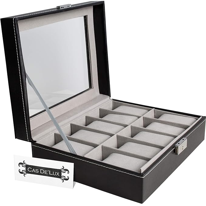 Caja de Reloj Vitrina Organizador – 10 Ranura Almohadas de Terciopelo Lote de Lujo con Tapa de Cristal Piel sintética Cierre de Metal – Cas de 'Lux