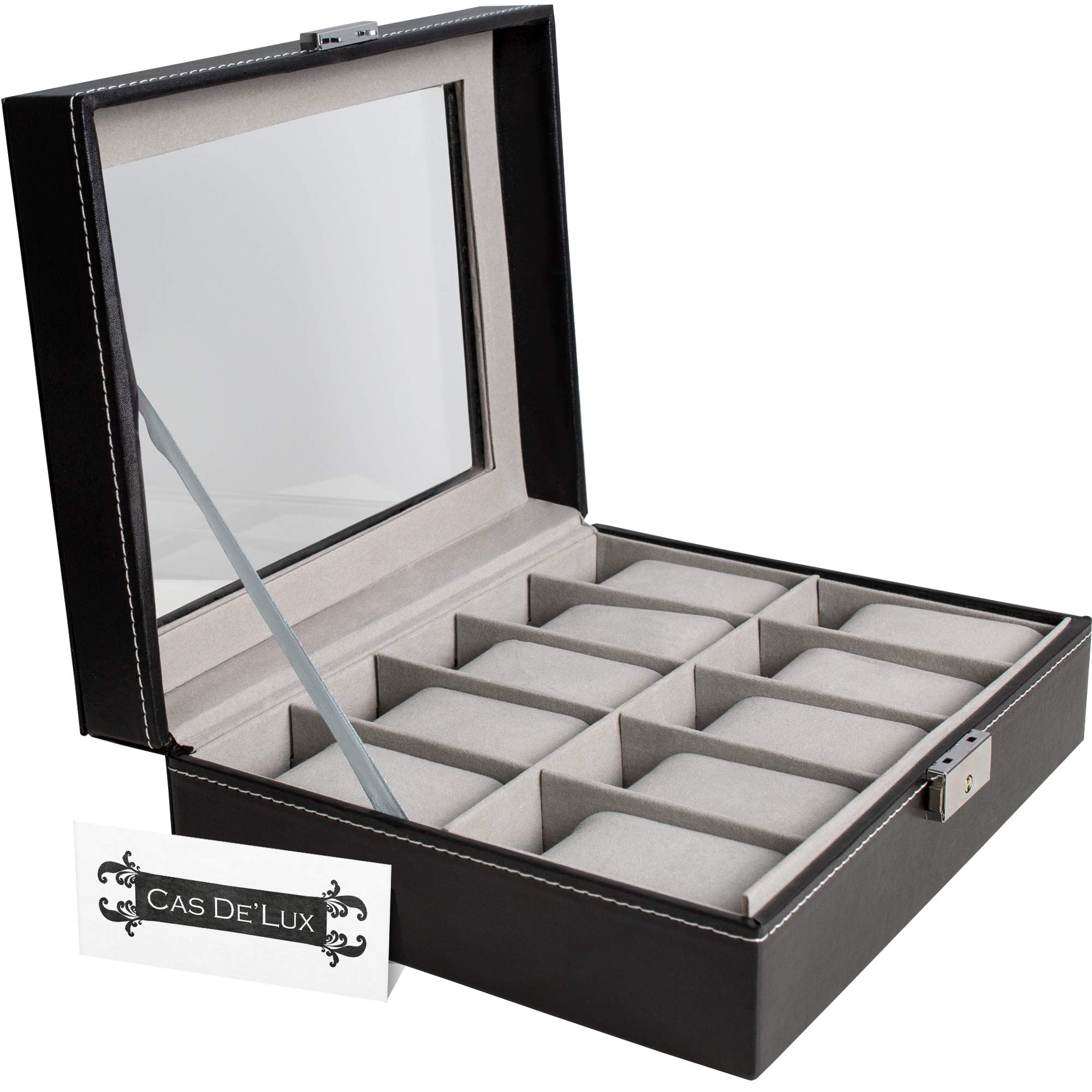 Watch Box Organizer Pillow Case 10 Slot Display Cases With Framed Glass Lid Elegant Contrast Stitching Sturdy and Secure Lock for Men Women Watch and Jewelry Large Holder Boxes