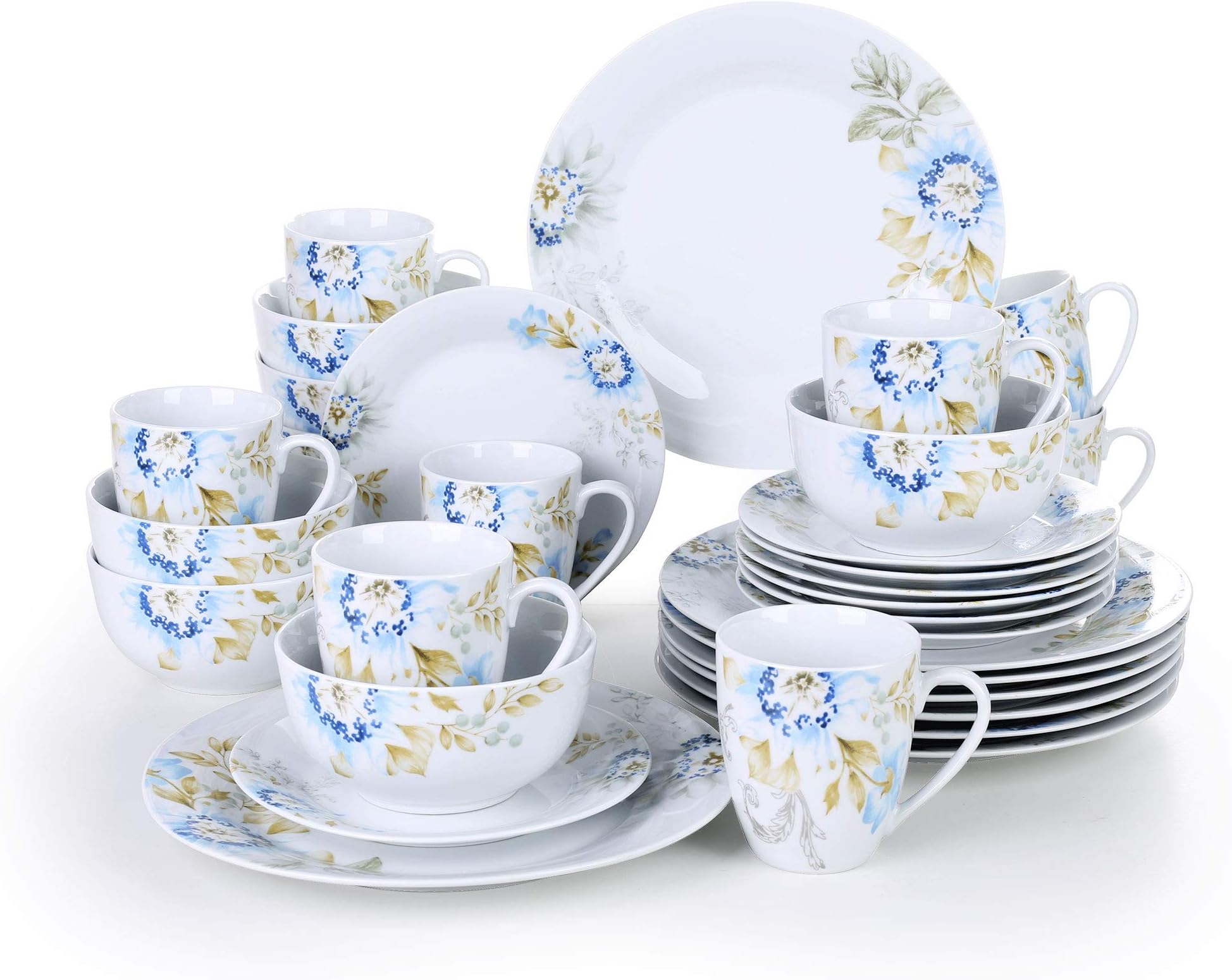 VEWEE, Series Montana, 32-Piece of Porcelain Combination Set with 10.75" Dinner Plate, 7.5" Dessert Plate, 5.5" Cereal Bowl and, 380ml Mug,Service for 8